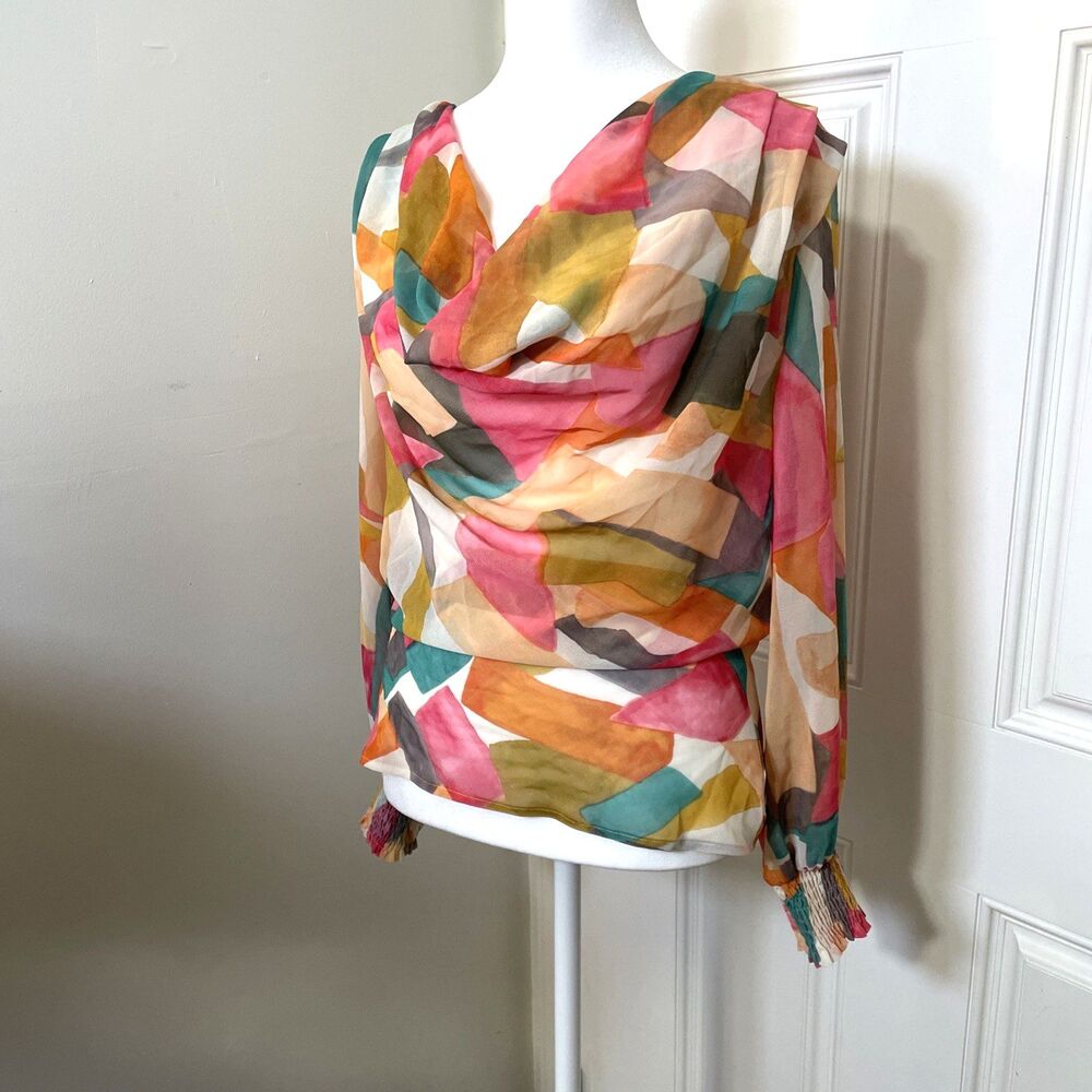 ZARA Top Harlequin Blouse Drape Neck Chiffon Multicolor Womens Size Medium - Picture 2 of 8